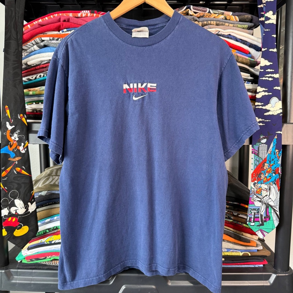 Vintage Blue Nike Embroidered Center Swoosh Graphic Tee Size Medium